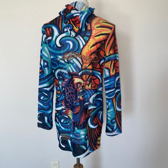 VTG 90's Y2K Ed Hardy Koi Fish Hoodie VNeck Tunic Sweater XL - Picture 4 of 6